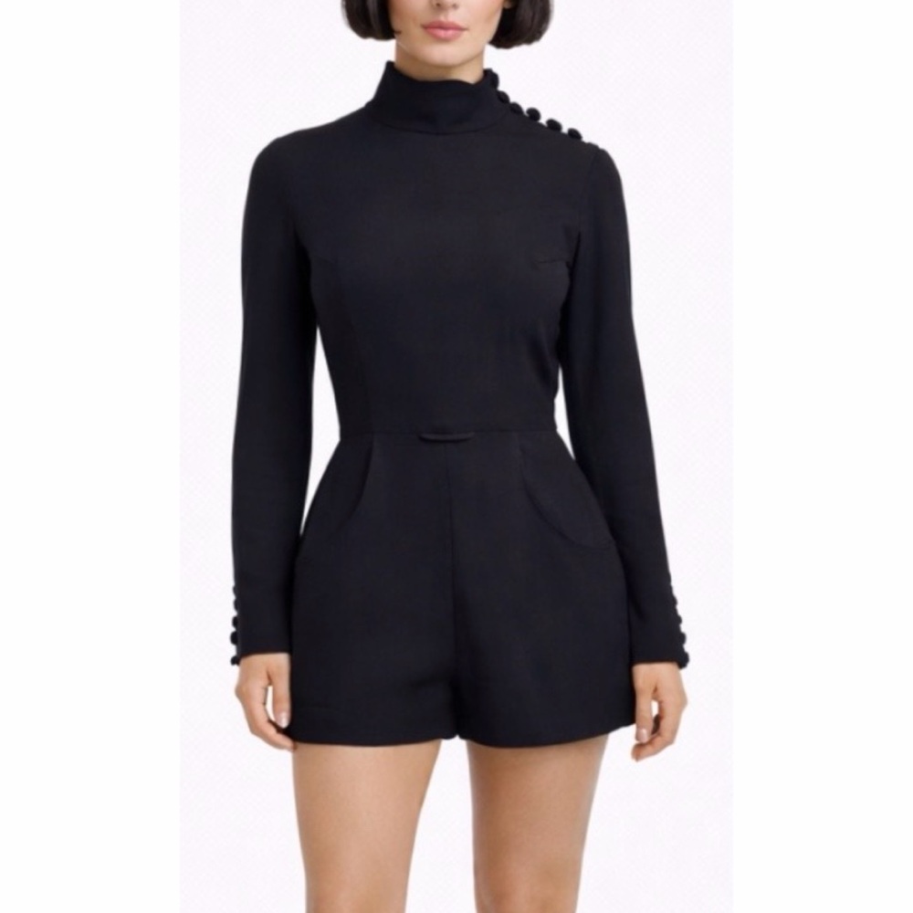 (VTG) ILGWU • 1960s Asymmetrical Black Button Mock-Neck Long Sleeve Romper, S